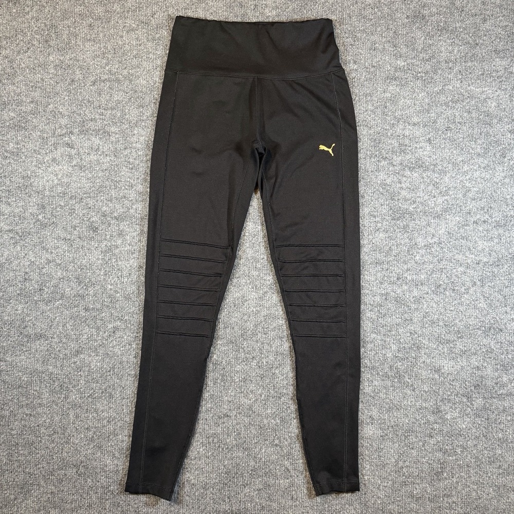 PUMA Black Athletic‎ Leggings Womens S Moto Stretch Performance Gold Logo Sporty